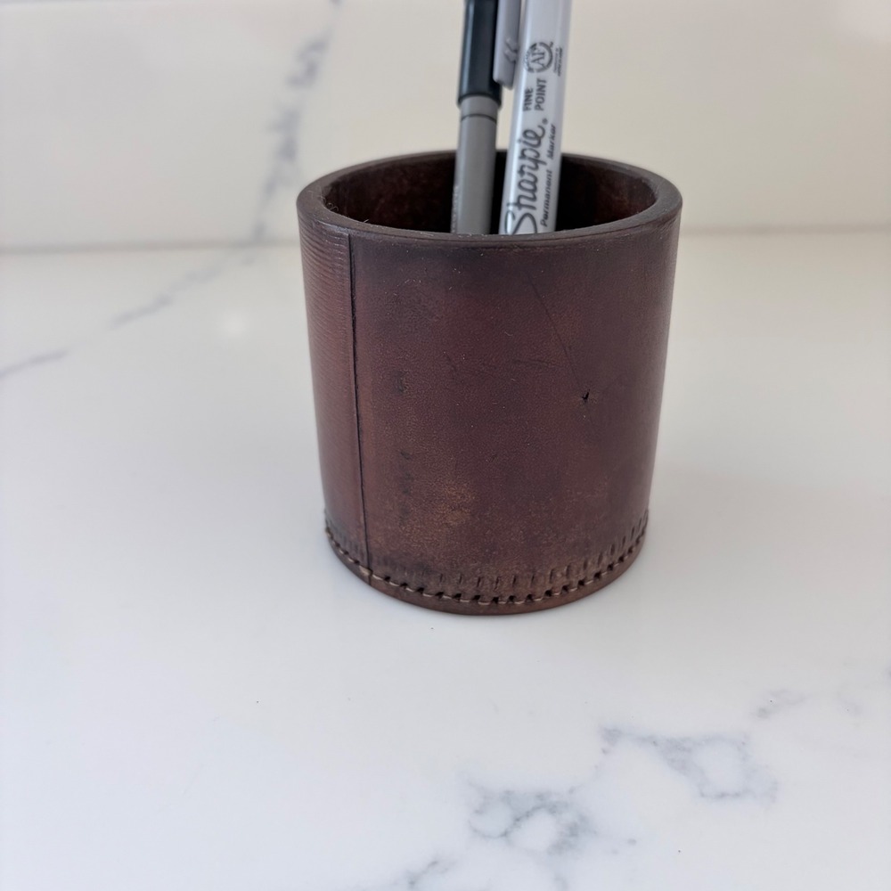 Vintage Brown Leather Pencil Cup Desk Organizer Dice Shaker Hand Stitched